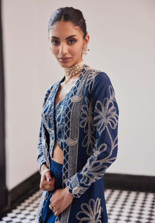 Fallon Moody Blue Long Jacket, Skirt And Waistcoat by Charu & Vasundhara available on Indiaspopup