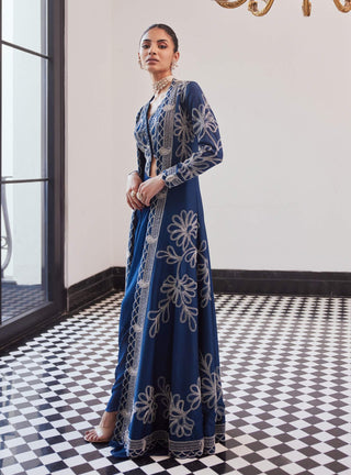Fallon Moody Blue Long Jacket, Skirt And Waistcoat by Charu & Vasundhara available on Indiaspopup