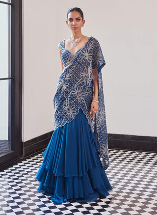 Freya Moody Blue Lehenga Sari And Blouse by Charu & Vasundhara available on Indiaspopup