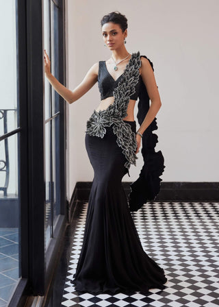 Frances Black Sari And Blouse by Charu & Vasundhara available on Indiaspopup