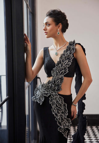 Frances Black Sari And Blouse by Charu & Vasundhara available on Indiaspopup