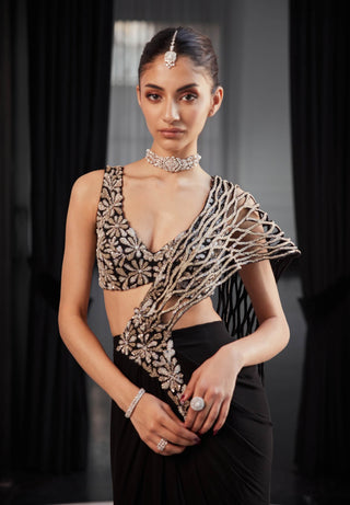 Francesca Black Sari And Blouse by Charu & Vasundhara available on Indiaspopup