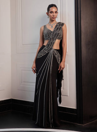 Flora Black Draped Sari And Blouse by Charu & Vasundhara available on Indiaspopup