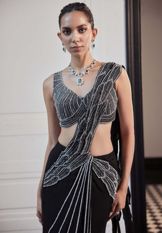 Flora Black Draped Sari And Blouse by Charu & Vasundhara available on Indiaspopup