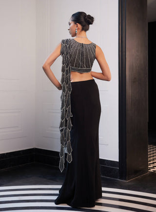 Flora Black Draped Sari And Blouse by Charu & Vasundhara available on Indiaspopup