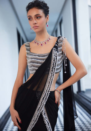 Fia Black Kali Sari And Blouse by Charu & Vasundhara available on Indiaspopup