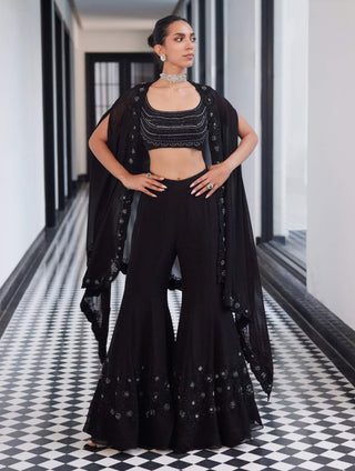 Florence Black Cape And Sharara Set by Charu & Vasundhara available on Indiaspopup
