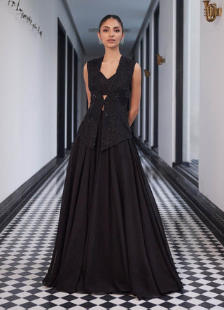 Frankie Black Organza Lehenga And Bustier Set by Charu & Vasundhara available on Indiaspopup