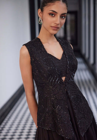 Frankie Black Organza Lehenga And Bustier Set by Charu & Vasundhara available on Indiaspopup