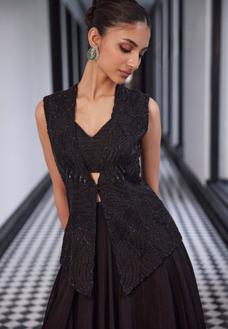 Frankie Black Organza Lehenga And Bustier Set by Charu & Vasundhara available on Indiaspopup