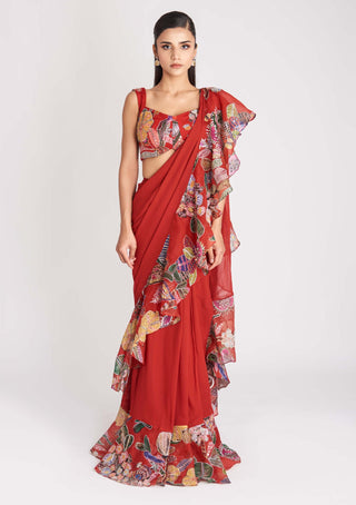 Aisha Rao-Fiery Red Printed Ruffle Sari And Blouse-INDIASPOPUP.COM