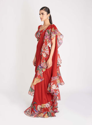 Aisha Rao-Fiery Red Printed Ruffle Sari And Blouse-INDIASPOPUP.COM