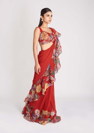 Aisha Rao-Fiery Red Printed Ruffle Sari And Blouse-INDIASPOPUP.COM