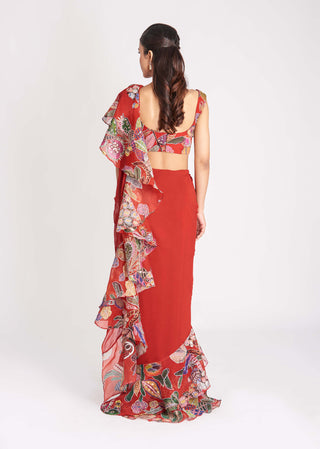 Aisha Rao-Fiery Red Printed Ruffle Sari And Blouse-INDIASPOPUP.COM