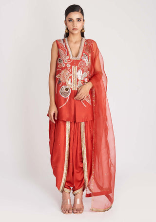 Aisha Rao-Rust Red Short Kurta And Dhoti Set-INDIASPOPUP.COM