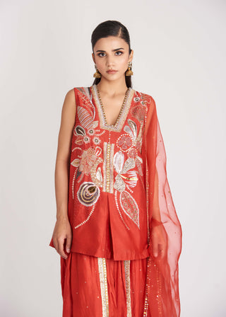 Aisha Rao-Rust Red Short Kurta And Dhoti Set-INDIASPOPUP.COM
