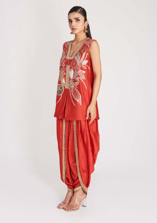 Aisha Rao-Rust Red Short Kurta And Dhoti Set-INDIASPOPUP.COM