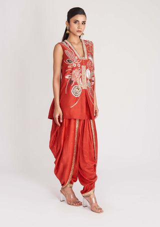 Aisha Rao-Rust Red Short Kurta And Dhoti Set-INDIASPOPUP.COM