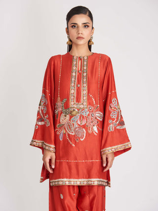 Aisha Rao-Red Embellished Chanderi Patiala Set-INDIASPOPUP.COM