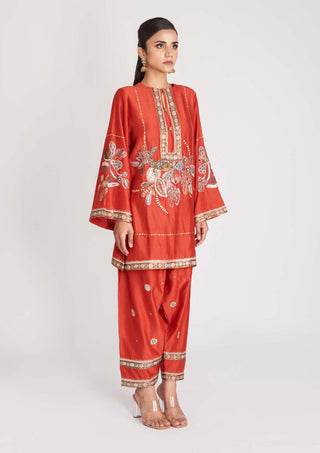 Aisha Rao-Red Embellished Chanderi Patiala Set-INDIASPOPUP.COM