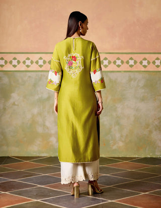 Olive and ivory colour block kurta set