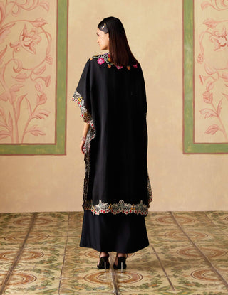 Black floral threadwork and beadwork kaftan and pants