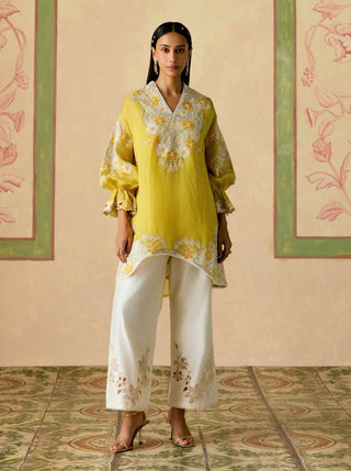 Yellow and ivory color block tunic and pants