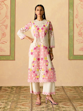 Ivory and pink chanderi appliqué kurta set