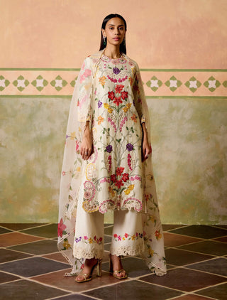 Ivory floral threadwork and cutwork kurta set