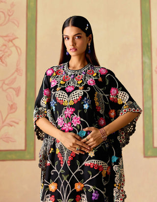Black floral threadwork and beadwork kaftan and pants