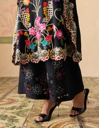 Black floral threadwork and beadwork kaftan and pants