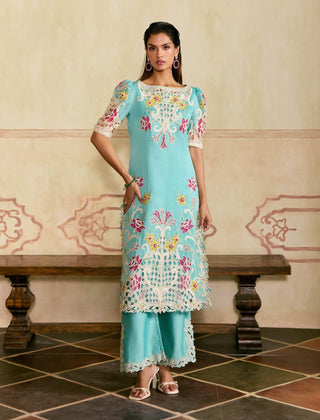 Aqua and ivory applique cutwork kurta set