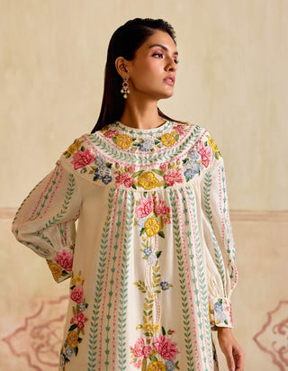 Ivory florals and stripes yoke detail kurta and pants