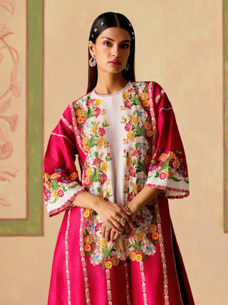 Fuchsia and ivory panelled short kurta and pants