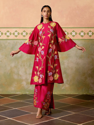 Fuchsia mosaic florals short kurta and flared pants