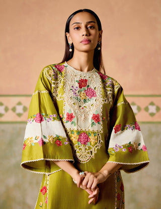 Olive and ivory colour block kurta set