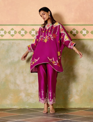 Purple embroidered kimono tunic and pants