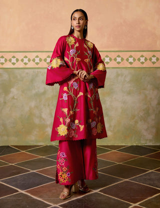 Fuchsia mosaic florals short kurta and flared pants