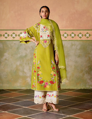 Olive and ivory colour block kurta set