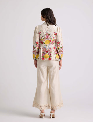 Chandrima-Ivory Floral  Threadwork Bell Bottom Pants-INDIASPOPUP.COM