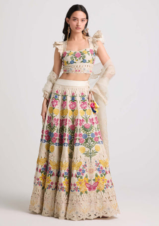 Ivory Floral Threadwork And Beadwork Lehenga by Chandrima available on Indiaspopup.com