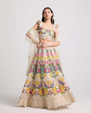 Ivory Floral Threadwork And Beadwork Lehenga by Chandrima available on Indiaspopup.com
