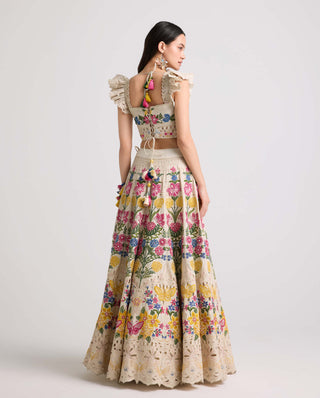 Ivory Floral Threadwork And Beadwork Lehenga by Chandrima available on Indiaspopup.com