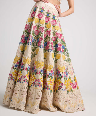 Ivory Floral Threadwork And Beadwork Lehenga by Chandrima available on Indiaspopup.com