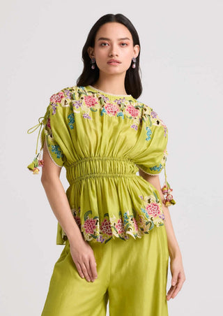 Chandrima-Lime Green Floral Cutwork Ruched Top-INDIASPOPUP.COM