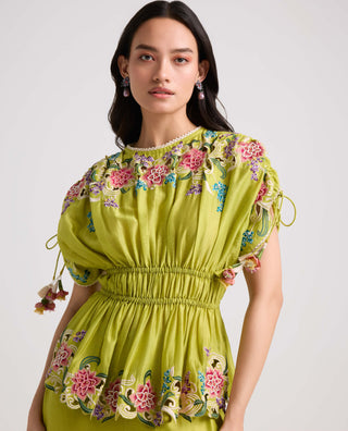 Chandrima-Lime Green Floral Cutwork Ruched Top-INDIASPOPUP.COM