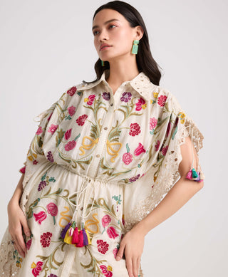 Chandrima-Ivory Floral Embroidered Kaftan Shirt-INDIASPOPUP.COM