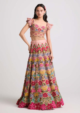 Soft Pink Multicolor Floral Lehenga by Chandrima available on Indiaspopup.com