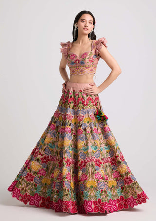 Soft Pink Multicolor Floral Lehenga by Chandrima available on Indiaspopup.com