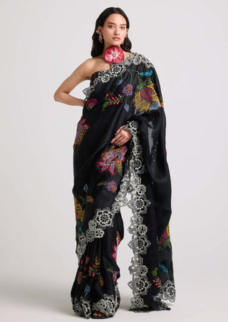 Black embroidered cutwork sari